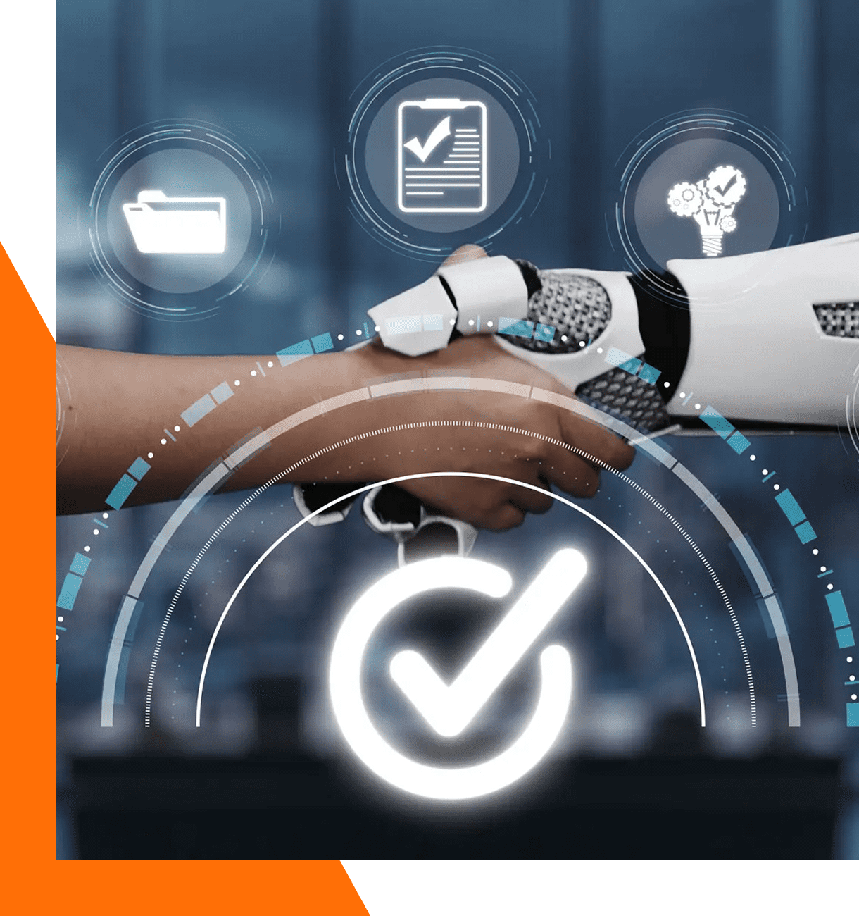 Human and robot handshake with digital icons.