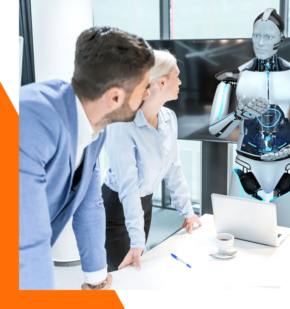 People and humanoid robot in office meeting.