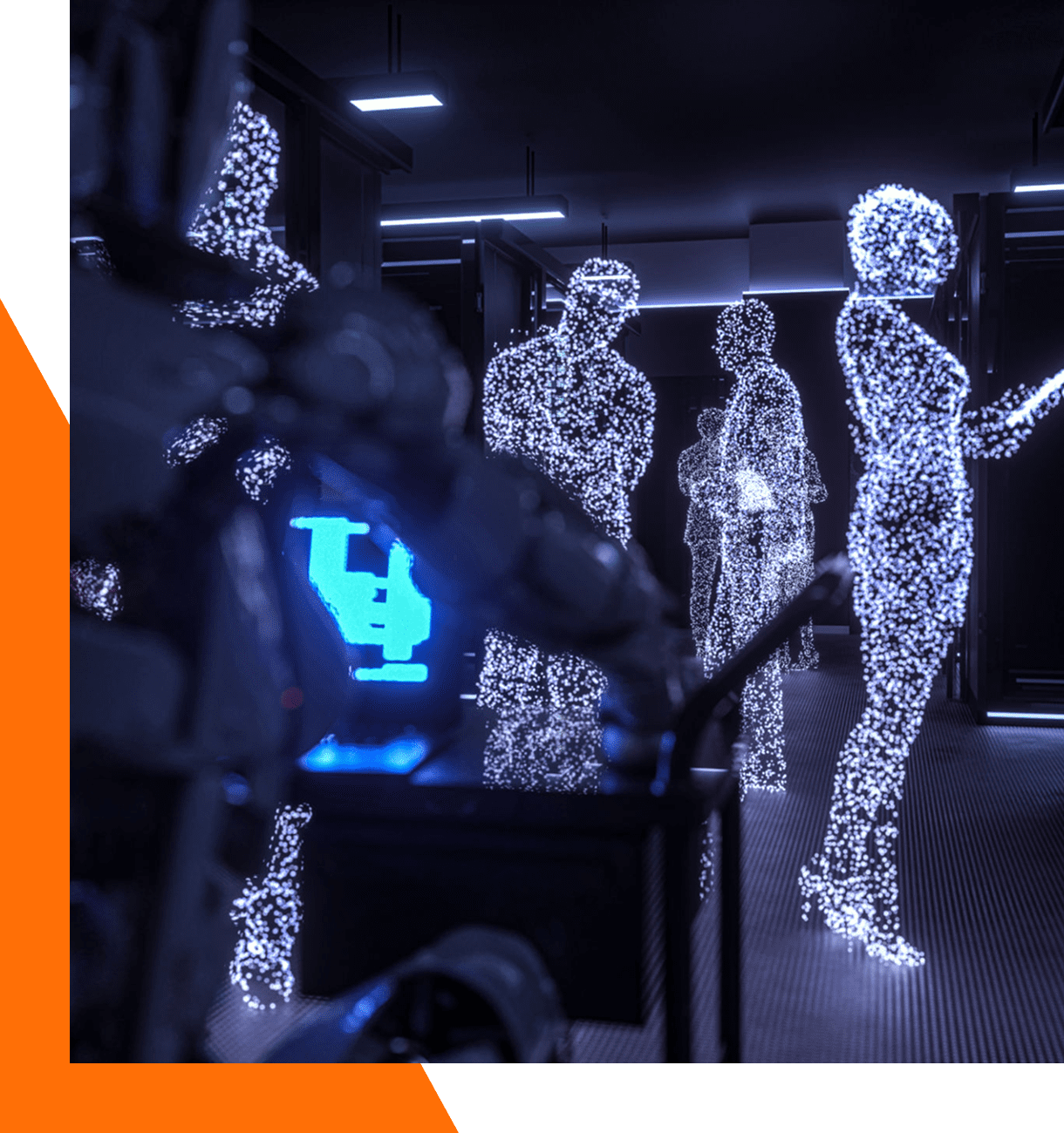 Digital figures in a futuristic, illuminated space.