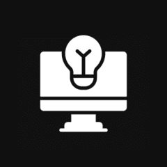 Computer screen with light bulb icon.