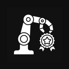 Robotic arm holding star award badge.